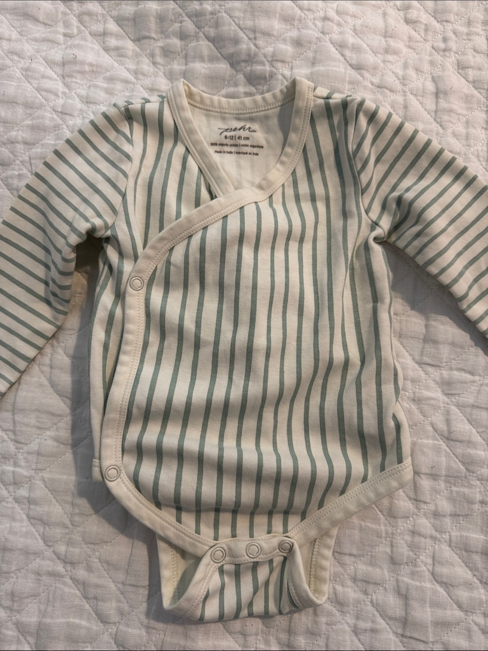 Pehr Striped Cream & Sage Wrap-Front Baby One-Piece 100% Organic Cotton
